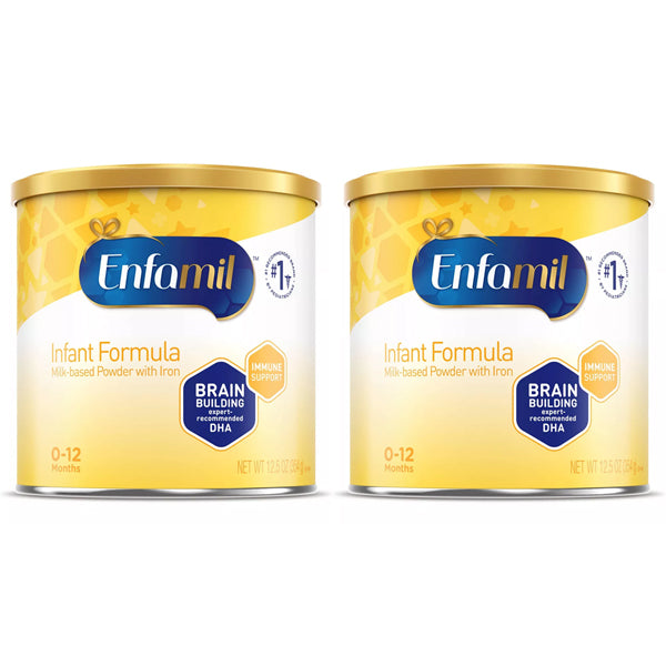 Two containers of Enfamil Milk-Based Powder Infant Formula, 0-12 months, 12.5oz each, provide key nutrients for brain development and immune support.